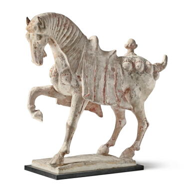 View full screen - View 1 of Lot 795. A painted pottery figure of a prancing horse, Tang dynasty | 唐 陶加彩馬.