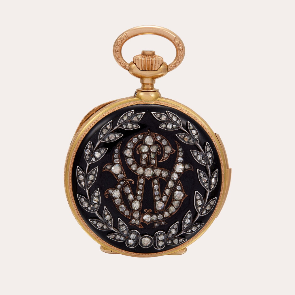 View full screen - View 1 of Lot 214. A yellow gold, enamel and diamond-set hunting case quarter repeating keyless lever watch | Circa 1884.