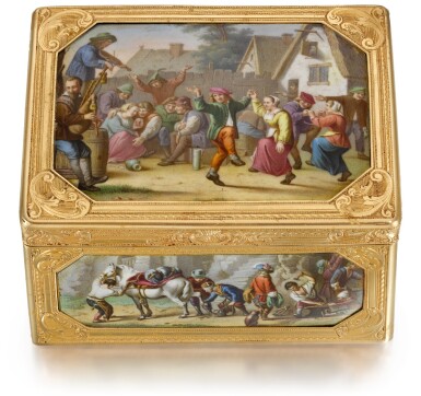 View full screen - View 1 of Lot 83. A GOLD AND ENAMEL 'HISTORISMUS' SNUFF BOX, PROBABLY AUSTRIAN, MID TO LATE 19TH CENTURY.