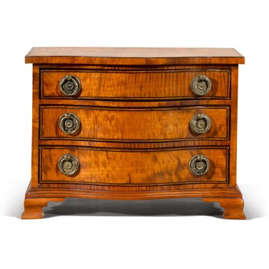 View full screen - View 1 of Lot 75. A GEORGE III STYLE BRASS-MOUNTED SATINWOOD MINIATURE COMMODE, CIRCA 1900.