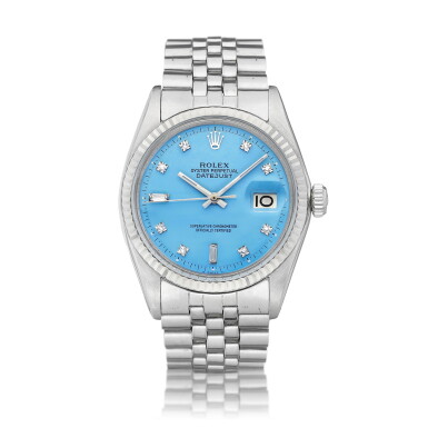 View full screen - View 1 of Lot 2108. DateJust, Reference 1601 | A stainless steel and diamond-set wristwatch with blue lacquered dial, date and bracelet, Circa 1973 | 勞力士 | DateJust 型號1601 | 精鋼鑲鑽石鏈帶腕錶,備日期顯示及藍色漆製錶盤,約1973年製.