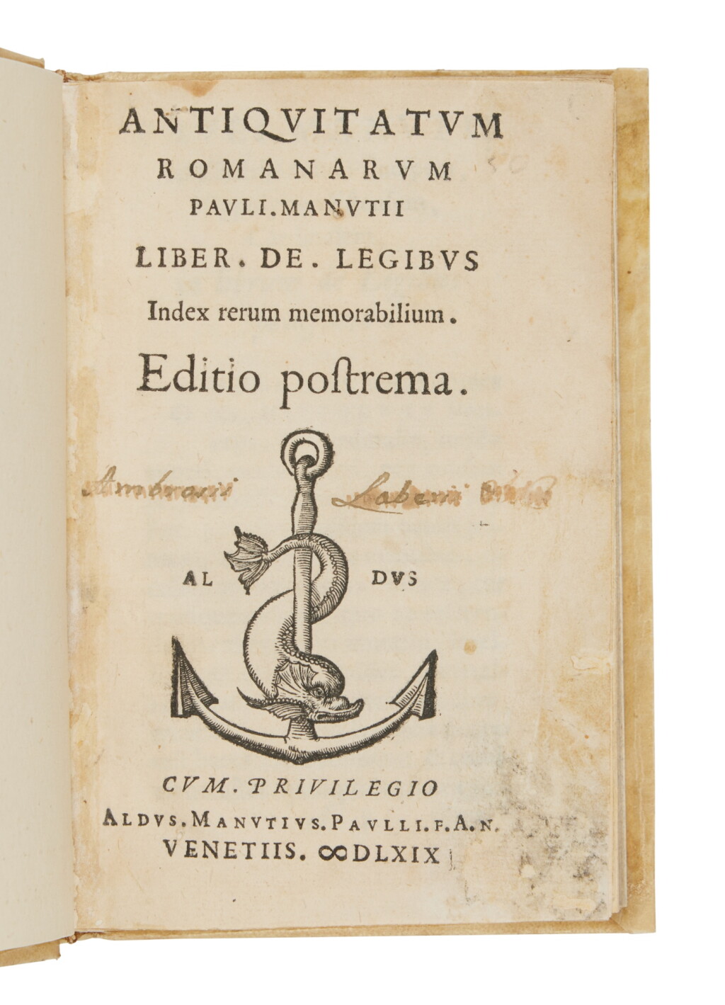 View full screen - View 1 of Lot 952. Manuzio, Antiquitatum Romanarum, Venice, Aldo II, 1569, modern limp vellum.