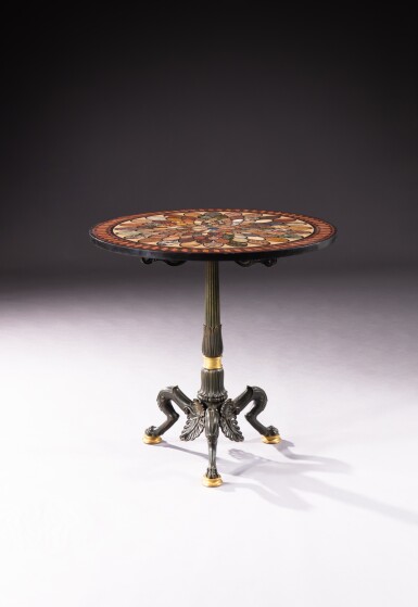 View full screen - View 1 of Lot 205. A patinanted and gilt-bronze mounted specimen gueridon, Rome, circa 1835 | Guéridon en bronze patiné, doré et marbres specimen, Rome, vers 1835.