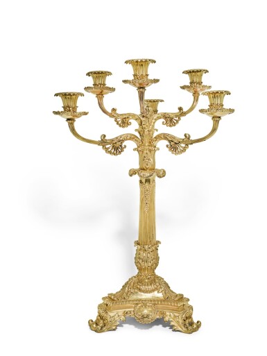 View full screen - View 1 of Lot 136. A GEORGE IV SILVER-GILT SIX-LIGHT TABLE CENTREPIECE/CANDELABRUM, PAUL STORR FOR STORR & MORTIMER, LONDON, 1824.