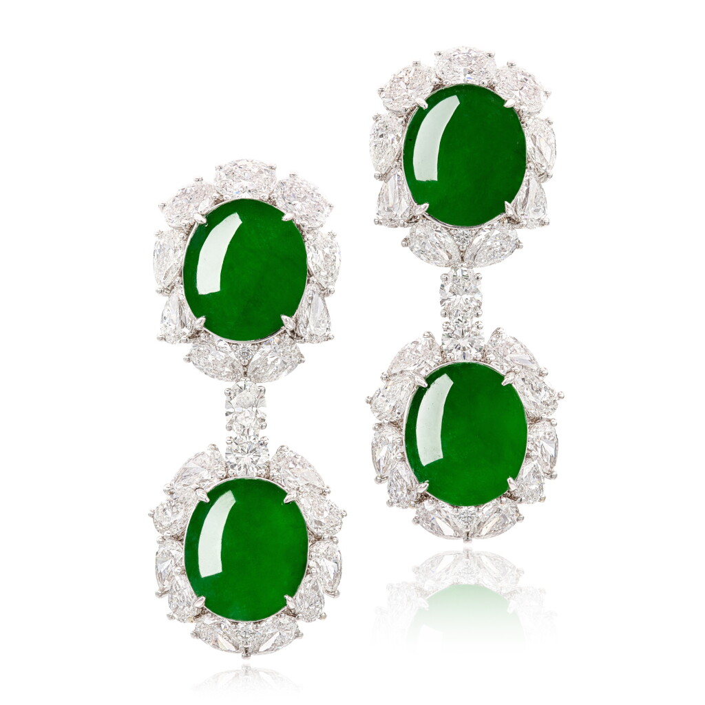 View full screen - View 1 of Lot 328. Pair of Jadeite and Diamond Pendent Earrings | 天然翡翠 配 鑽石 耳墜一對.