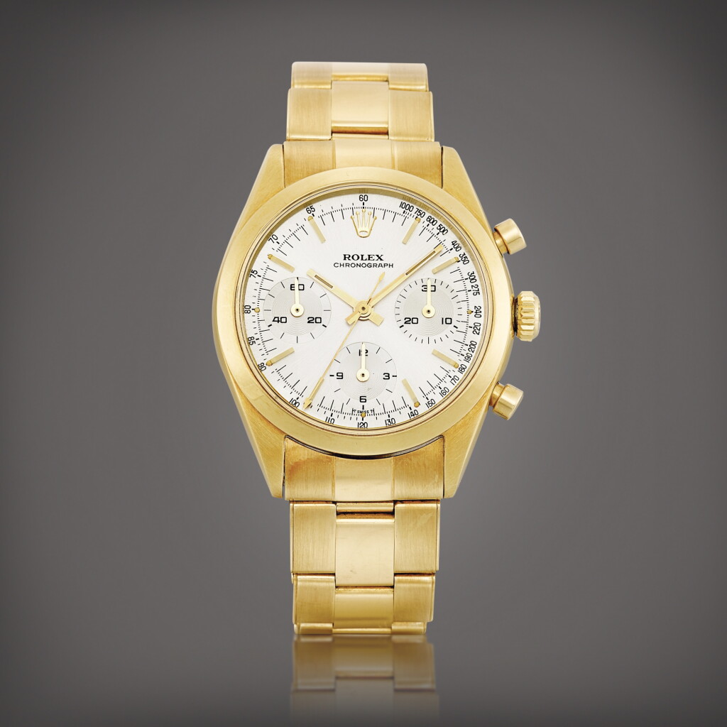 View full screen - View 1 of Lot 2236. "Pre-Daytona", Reference 6238 | A yellow gold chronograph wristwatch with bracelet, Circa 1964 | 勞力士 | "Pre-Daytona" 型號6238 | 黃金計時鏈帶腕錶,約1964年製.