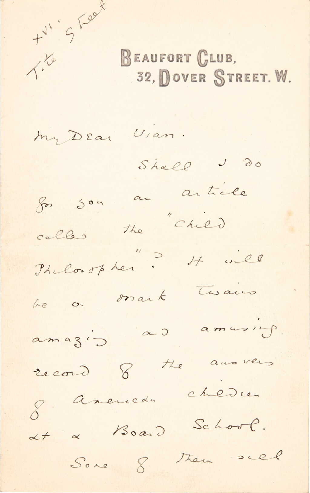 Oscar Wilde Five autograph letters signed, to Alsager Vian, 1887