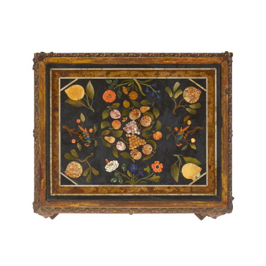 View full screen - View 1 of Lot 7. An Italian pietre dura table top, Florence, 18th century, on a Régence style giltwood console, late 19th century.
