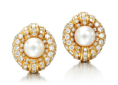 View full screen - View 1 of Lot 102. PAIR OF CULTURED PEARL AND DIAMOND EAR CLIPS, VAN CLEEF & ARPELS.