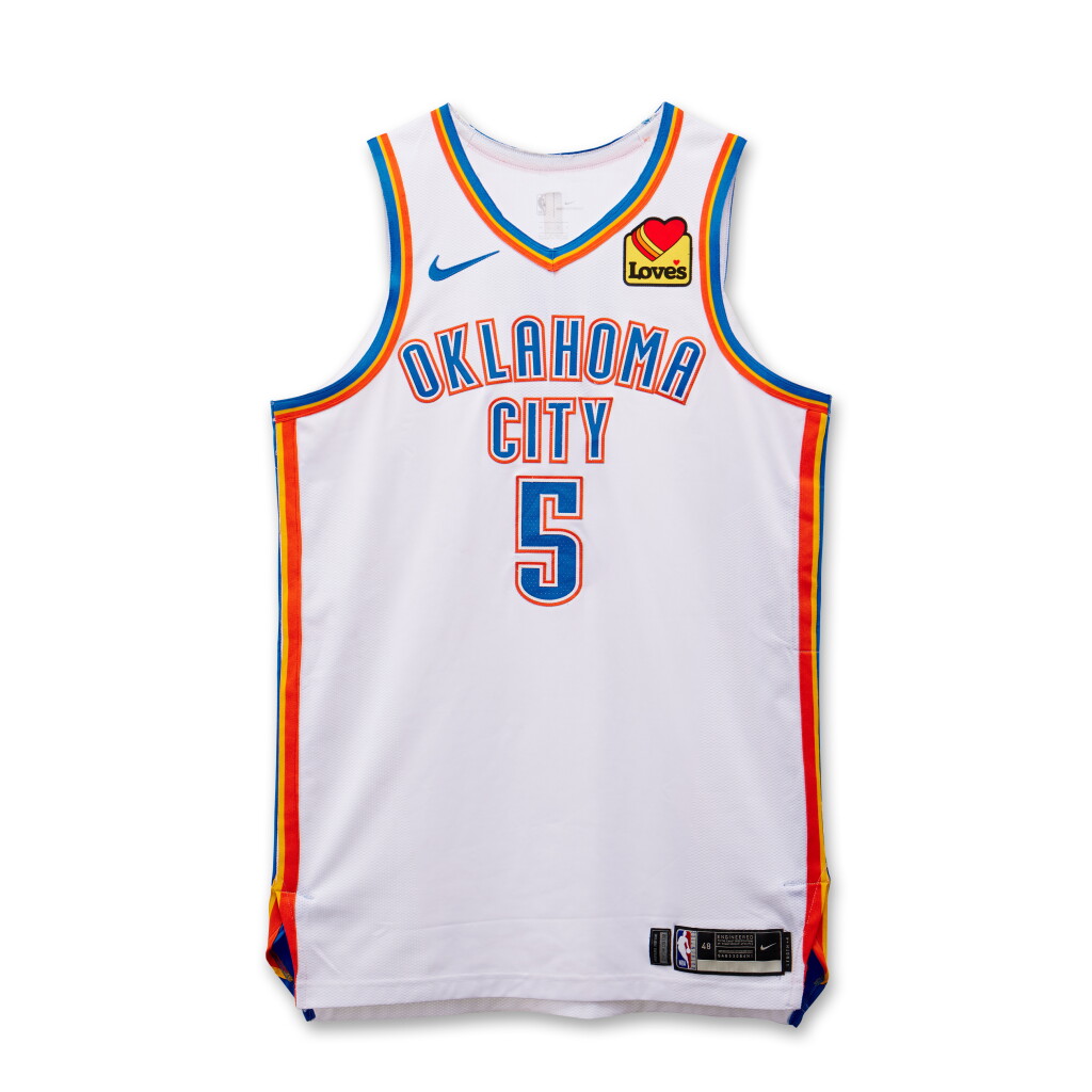 View full screen - View 1 of Lot 98. Luguentz Dort Oklahoma City Thunder 2024 NBA Playoffs Western Conference Round 1 Game Worn Association Edition Jersey | Game 1 .
