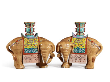 View full screen - View 1 of Lot 476. A Large Pair of Chinese Export Famille-rose Elephant-form Candlesticks, 20th Century | 二十世紀 粉彩太平有象燭台一對.