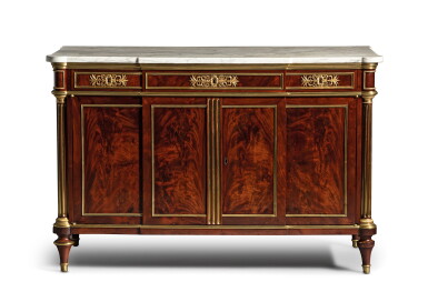 View full screen - View 1 of Lot 45. A gilt-bronze mounted mahogany commode, late Louis XVI, circa 1785 | Commode en acajou, placage d'acajou et monture de bronze doré fin de l'époque Louis XVI, vers 1780.