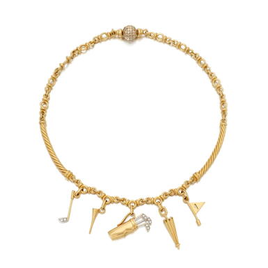 View full screen - View 1 of Lot 133. Diamond and gold charm necklace (Collana con ciondoli in oro e diamanti).