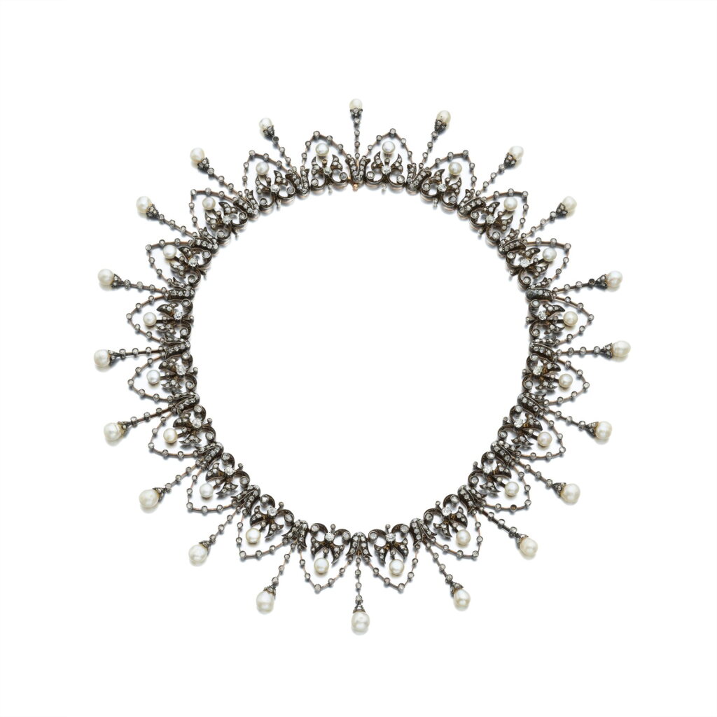 View full screen - View 1 of Lot 738. Pearl and diamond necklace, circa 1890.