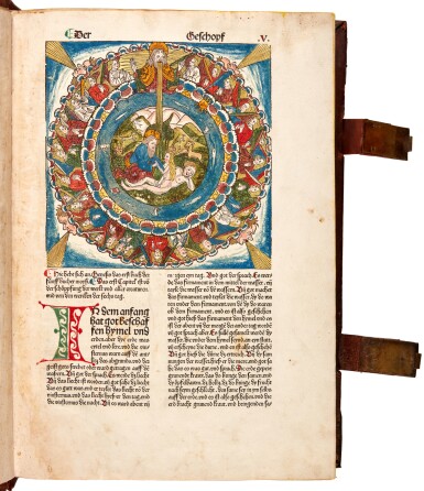 View full screen - View 1 of Lot 6. Bible, German | Nuremberg: Koberger, 1483, contemporary hand-colour and a publisher’s binding.