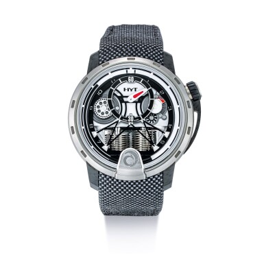 View full screen - View 1 of Lot 2172. HYT | H1 ALINGHI, REFERENCE 148-TC-09-NF-RC, A LIMITED EDITION TITANIUM AND FORGED CARBON SEMI-SKELETONISED WRISTWATCH WITH RETROGRADE FLUID HOURS AND POWER RESERVE INDICATION, CIRCA 2016 | "H1 Alinghi 型號148-TC-09-NF-RC 限量版鈦金屬及鍛碳半鏤空腕錶,備逆跳液體小時及動力儲備顯示,錶殼編號481619及19/20,約2016年製".