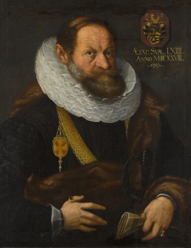 View full screen - View 1 of Lot 44. Portrait of Nikolaus Tritt von Wilderen (1564 - between 1628/35), half-length, wearing black with a fur mantle, ruff and gold chain, holding his gloves.