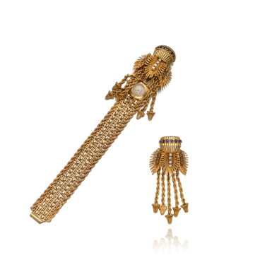 View full screen - View 1 of Lot 365. Gold, Sapphire and Diamond Bracelet-Watch and Brooch.