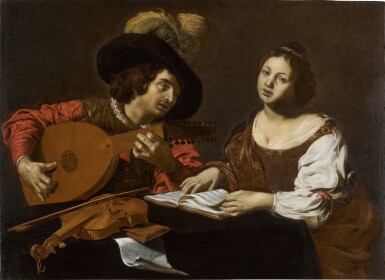 View full screen - View 1 of Lot 334. Young Woman Singing Accompanied by a Lute Player.