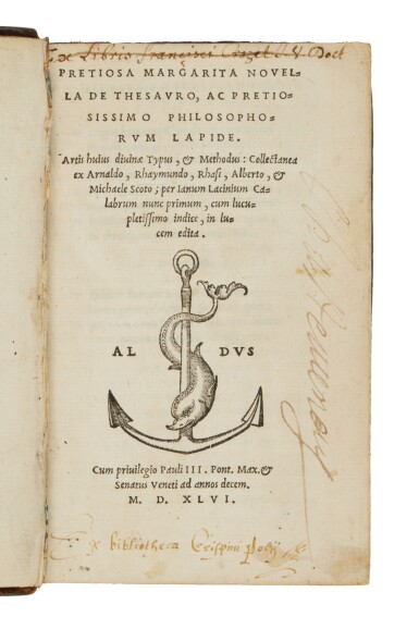 View full screen - View 1 of Lot 184. Lacinio, Pretiosa margarita nouella de thesauro, Venice, Sons of Aldo, 1546, seventeenth-century brown calf.