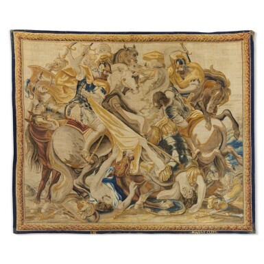 View full screen - View 1 of Lot 97. ‘Battle Scene’, A Flemish Historical Tapestry, Brussels, from The Story of Theodosius the Younger, workshop of Jean Le Clerc circa 1660.