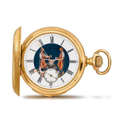 View full screen - View 1 of Lot 1394. A gold hunting cased quarter repeating keyless lever watch with jacquemarts in the form of blacksmiths Circa 1910, no. 2063, Retailed by Heiniger y Achmann, Medellin.