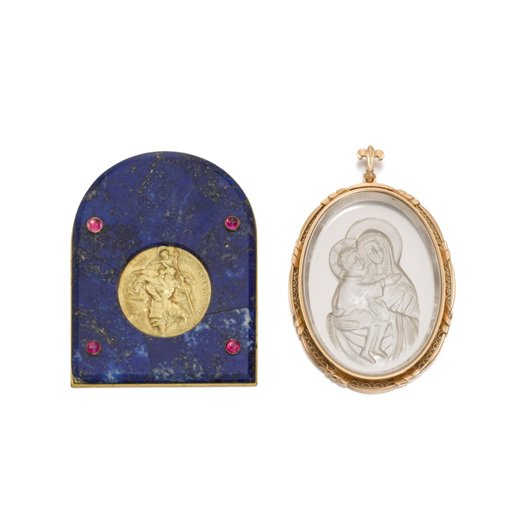 View full screen - View 1 of Lot 69. A jewelled lapis lazuli frame inset with a medallion of St Christopher, probably French, early 20th century.