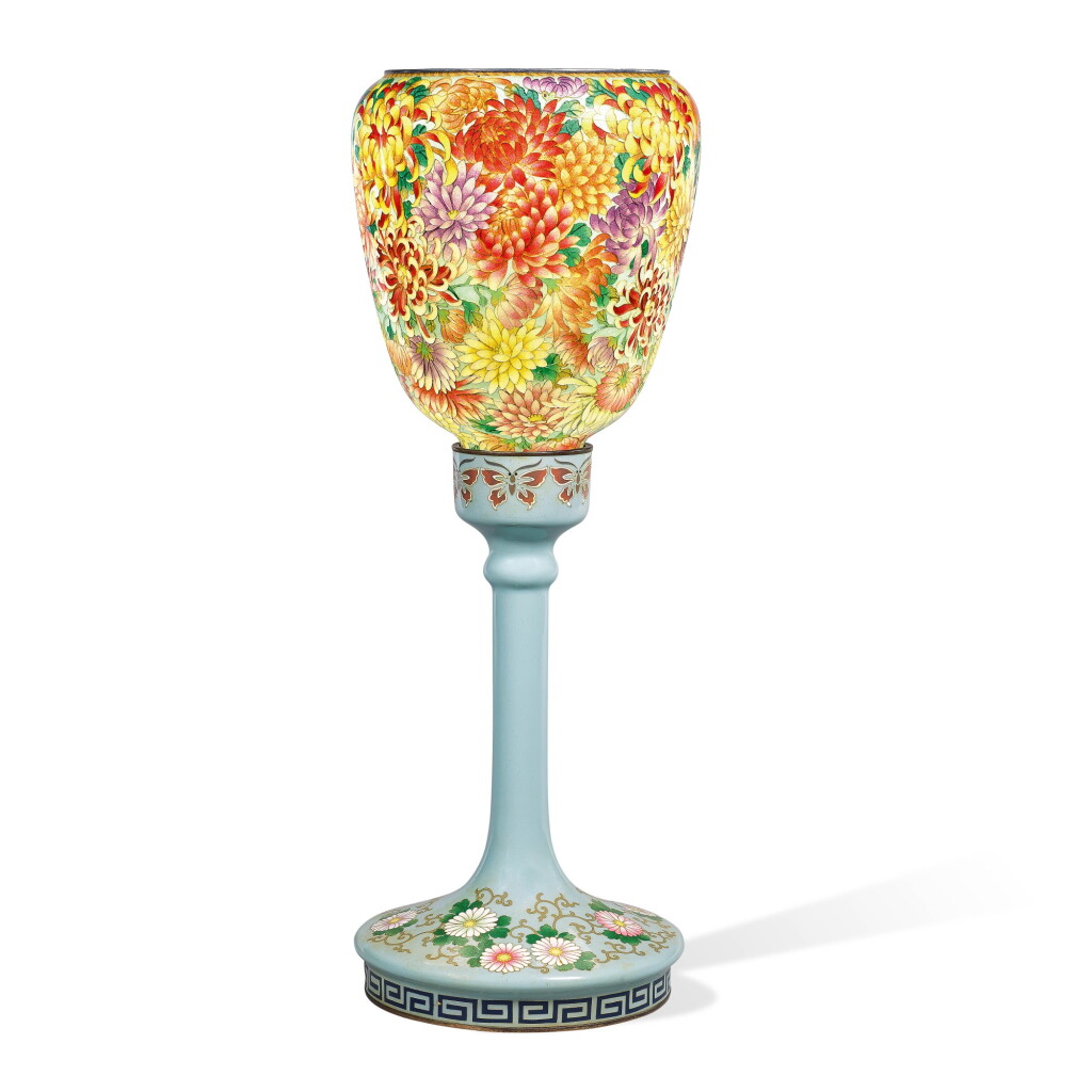 View full screen - View 1 of Lot 150. A PLIQUE-À-JOUR AND CLOISONNÉ ENAMEL TABLE LIGHT, MEIJI PERIOD, LATE 19TH CENTURY.