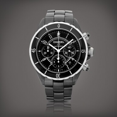 View full screen - View 1 of Lot 8899. J12 | A black ceramic and stainless steel chronograph wristwatch with date and bracelet, Circa 2008 | 香奈兒 | J12 | 黑色陶瓷及精鋼計時鏈帶腕錶,備日期顯示,約2008年製.