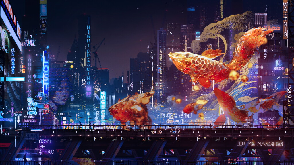 View full screen - View 1 of Lot 6. Koi in Starry Night / 星空中的锦鲤.
