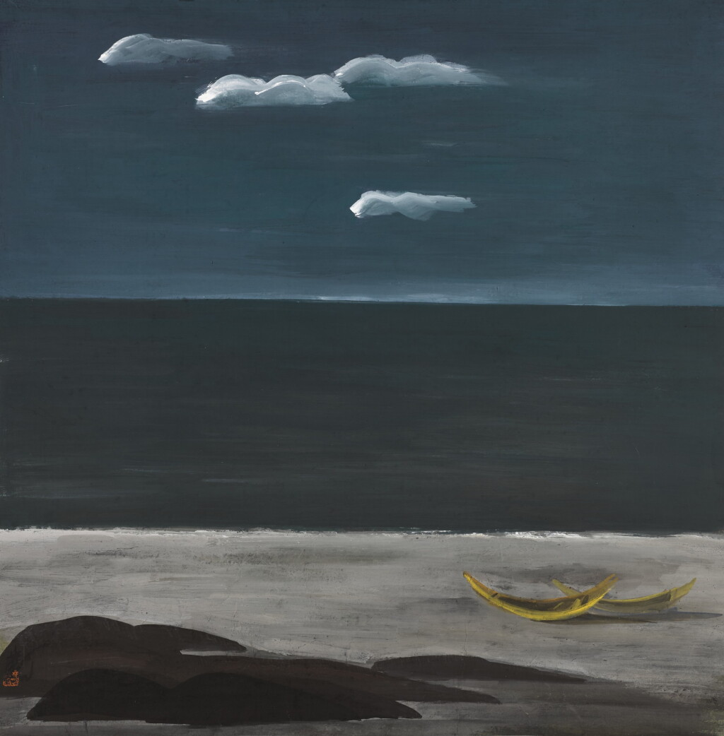 View full screen - View 1 of Lot 95. Lin Fengmian (1900-1991) Boats by the Shore | 林風眠 (1900-1991年)《海邊》 設色紙本 鏡框.