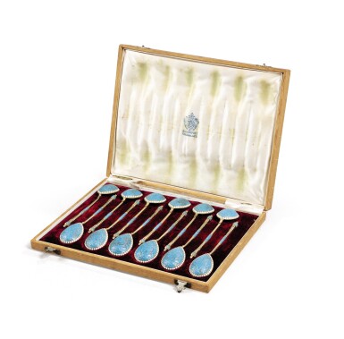 View full screen - View 1 of Lot 64. A Russian enameled silver set of twelve spoons, Moscow, 1890,.