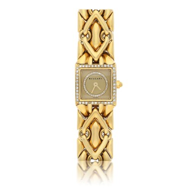 View full screen - View 1 of Lot 27. BULGARI | REF BJ 07 TRIKA, A YELLOW GOLD AND DIAMOND SET BRACELET WATCH CIRCA 1995.