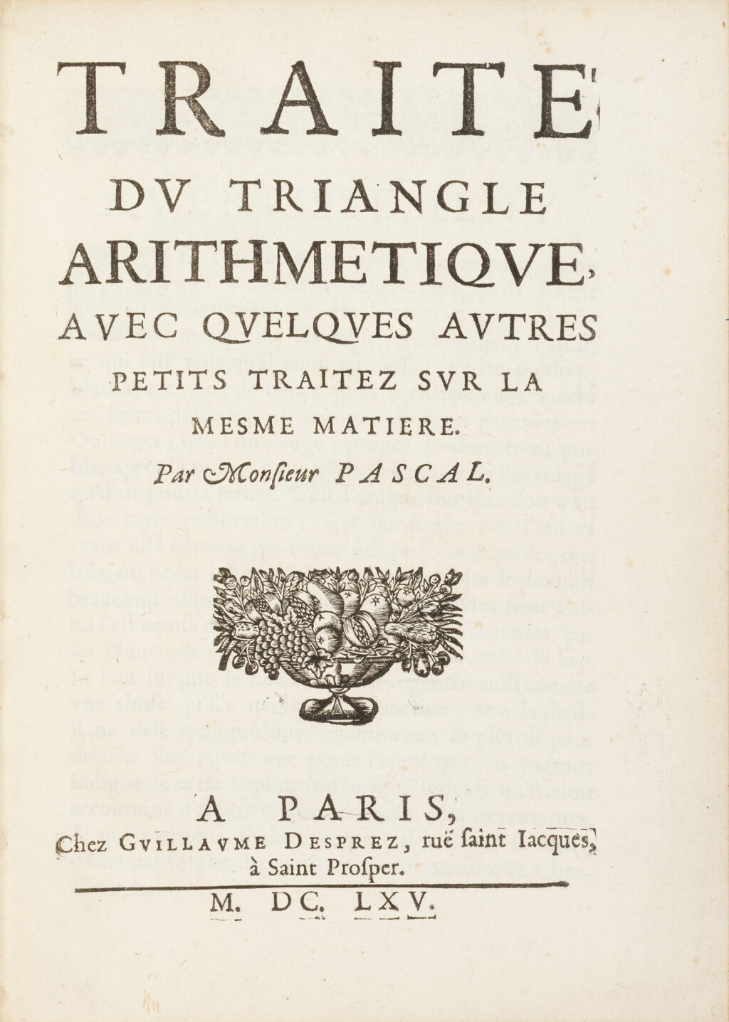 View full screen - View 1 of Lot 36. Traité du triangle arithmetique... Paris, 1665. Maroquin rouge du XIXe siècle Rare édition originale..