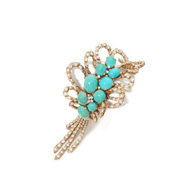 View full screen - View 1 of Lot 1015. Turquoise and diamond bracelet, circa 1950.