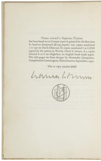 View full screen - View 1 of Lot 84. STEVENS, WALLACE | Notes toward a Supreme Fiction. Cummington, MA: Cummington Press, 1942.