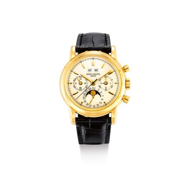 View full screen - View 1 of Lot 2097. PATEK PHILIPPE | REFERENCE 3970E, A YELLOW GOLD PERPETUAL CALENDAR CHRONOGRAPH WRISTWATCH WITH MOON PHASES, 24 HOURS AND LEAP YEAR INDICATION, CIRCA 1992 | 百達翡麗 | "型號3970E 黃金萬年曆計時腕錶,備月相、24小時及閏年顯示,機芯編號876132,錶殼編號2900925,約1992年製".