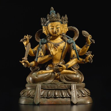 View full screen - View 1 of Lot 170. A rare partially cold-gilt bronze figure of multi-armed Manjushri, Qianlong mark and period | 清乾隆 銅局部鎏金文殊菩薩坐像 《大清乾隆年敬造》《文殊菩薩》《無上陽體根本》款.