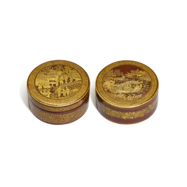 View full screen - View 1 of Lot 212. A pair of small gilt-decorated lacquer boxes and covers, Qing dynasty, dated Daoguang twenty-fourth year, corresponding to 1844 | 清道光二十四年(1844年) 朱漆描金人物故事圖蓋盒一對.