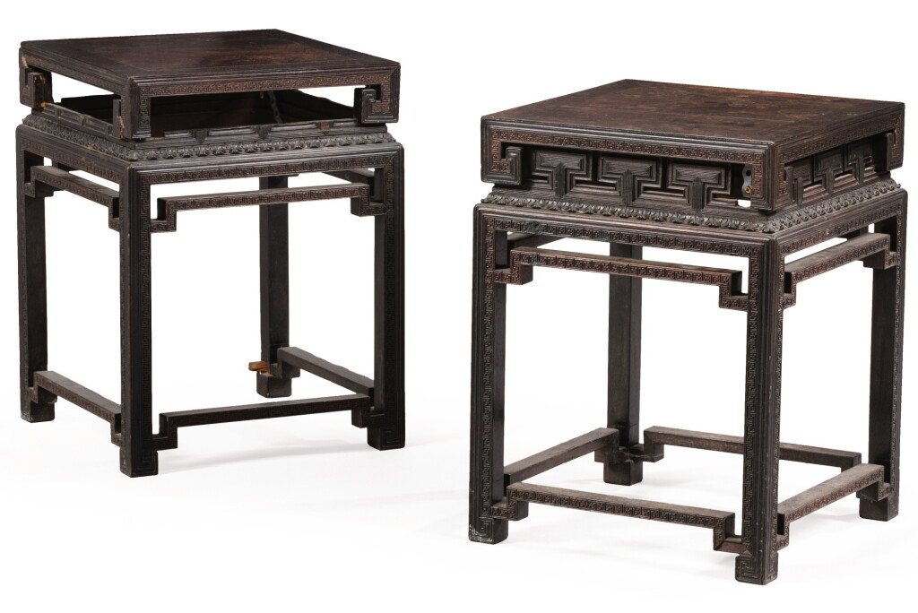 View full screen - View 1 of Lot 111. PAIRE DE SELLETTES EN ZITAN DYNASTIE QING, XVIIIE-XIXE SIÈCLE | 清十八至十九世紀 紫檀茶几一對 | A pair of zitan stools, Qing Dynasty, 18th/19th century.