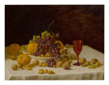 View full screen - View 1 of Lot 47. JOHN F. FRANCIS | AN ARRANGEMENT OF ORANGES, WALNUTS, ALMONDS, RAISINS, AND GRAPES ON A TABLETOP.
