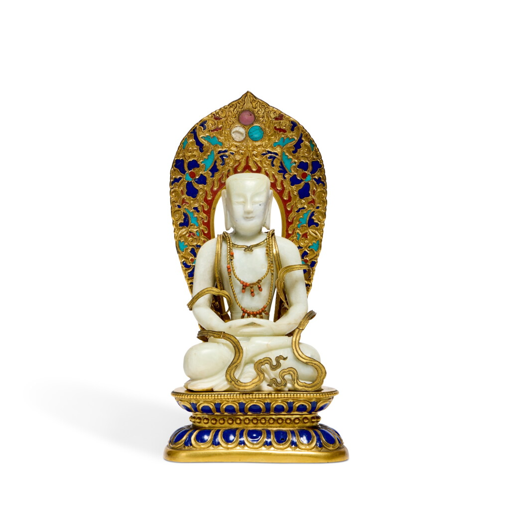 View full screen - View 1 of Lot 139. A marble figure of Buddha with champleve enamel mandorla and stand, Qing dynasty, 18th / 19th century.