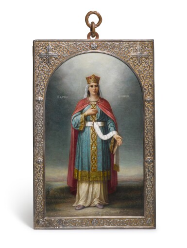 View full screen - View 1 of Lot 218. A LARGE SILVER-GILT PRESENTATION ICON OF THE MARTYR SAINT ALEXANDRA OF ROME, PAVEL OVCHINNIKOV, MOSCOW, 1909.