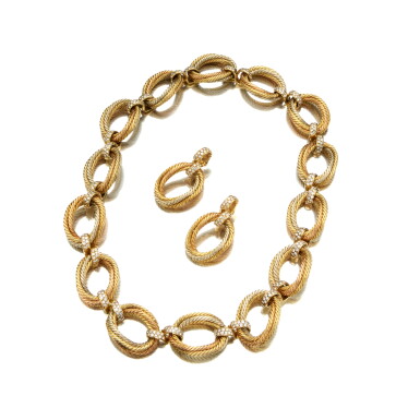 View full screen - View 1 of Lot 252. Three-Color Gold and Diamond Necklace-Bracelet Combination and Pair of Earclips.