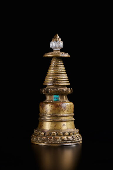 View full screen - View 1 of Lot 356. A turquoise-inlaid copper alloy stupa, Tibet, circa 13th century.