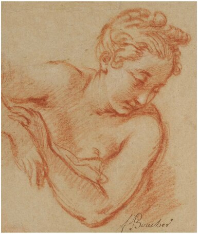 View full screen - View 1 of Lot 10. FRANÇOIS BOUCHER | HALF LENGTH STUDY OF A YOUNG WOMAN, LOOKING DOWN TO THE RIGHT.