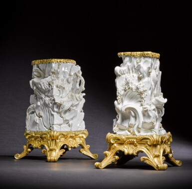 View full screen - View 1 of Lot 30. A pair of Louis XV gilt-bronze mounted Nymphenburg porcelain vases, circa 1765.