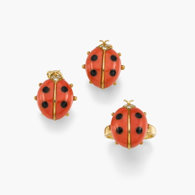 View full screen - View 1 of Lot 27. Coral, Onyx and Diamond Demi-Parure.