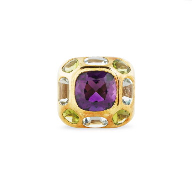 View full screen - View 1 of Lot 82. BAGUE AMETHYSTE, AIGUES-MARINES ET PERIDOTS, "COCO" | AMETHYST, AQUAMARINE AND PERIDOT RING, 'COCO'.