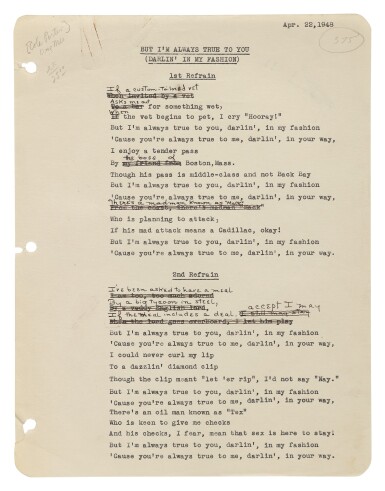 View full screen - View 1 of Lot 90. COLE PORTER | Cole Porter. Typescript with manuscript emendations of "Always True to You in My Fashion" from Kiss Me, Kate.
